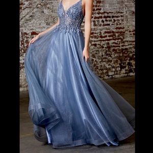 SOLD - Cinderella Divine Smokey Blue A-Line Prom Dress